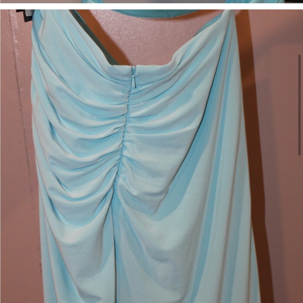 Mac Duggal Cut Out One Shoulder ruched gown. Powder Gun Blue. Size 6 - Picture 5 of 5